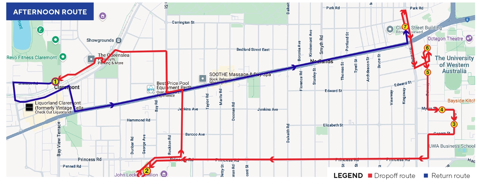 Route map of the afternoon shuttle bus between Crawley and Claremont campuses