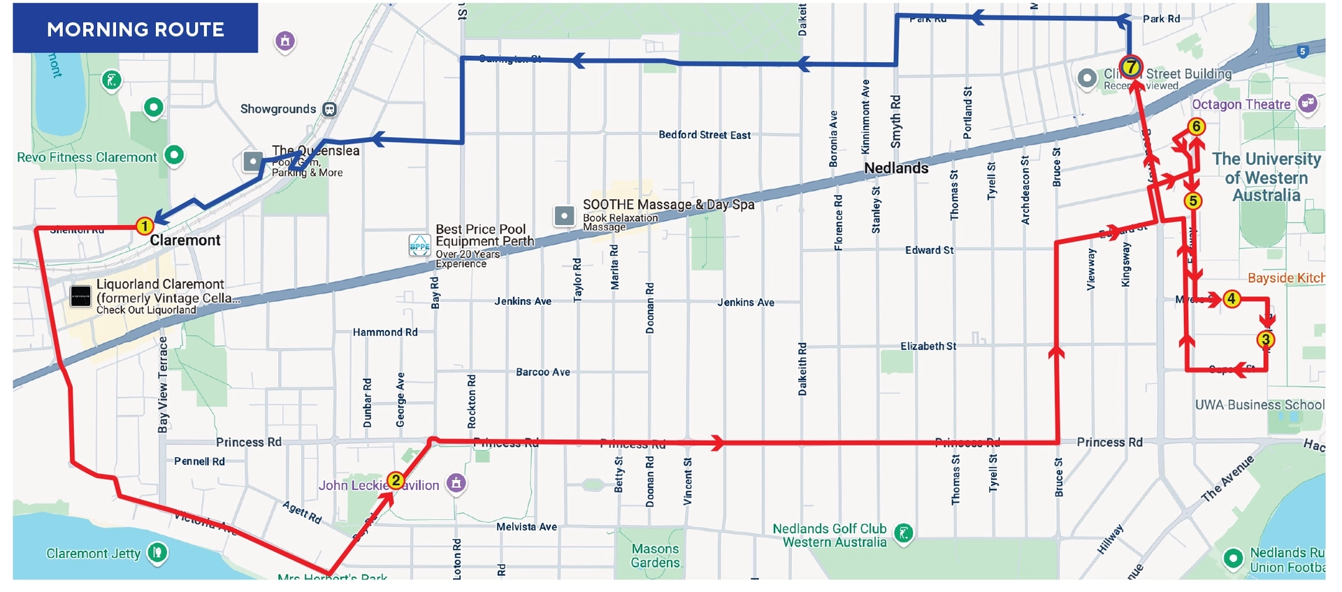 Map of morning shuttle bus route between Claremont and Crawley campus