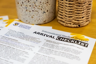 Closeup of an arrival checklist in the UWA International Student Lounge.